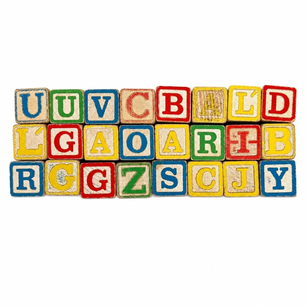 Vintage Alphabet Blocks Wooden Embossed Letter Number Set 24 Piece Lot Toy